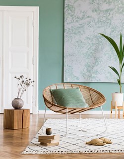 Stylish composition of creative and cozy living room interior with grey sofa, coffee table, rattan armchair, plants, carpet and beautiful boho accessories. Eucalyptus walls and parquet floor. 